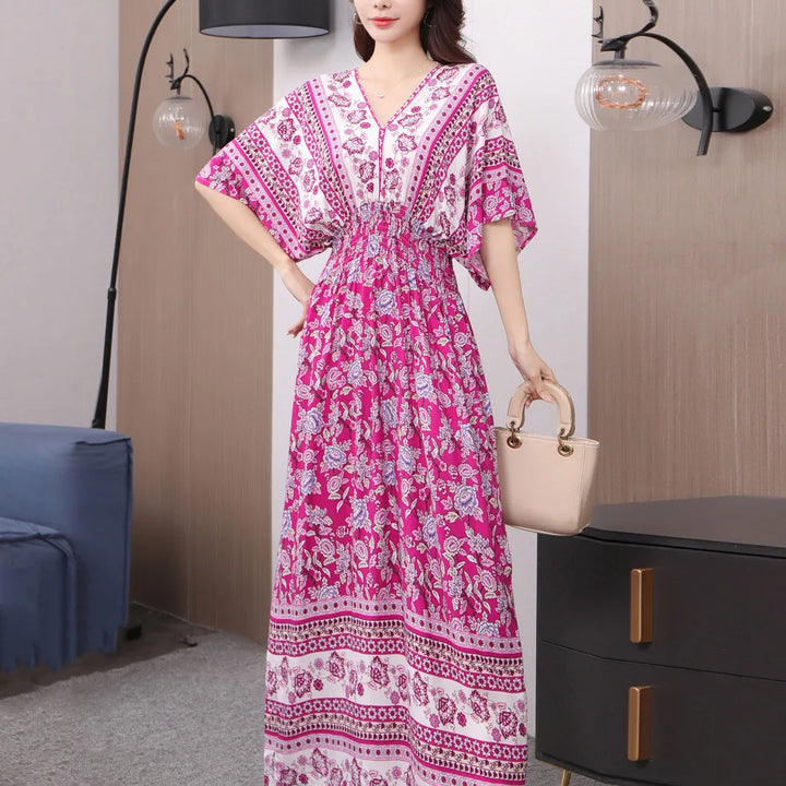 V-neck Large Skirt Hem Casual Sweet Long Dress Bat Sleeves Elastic Waist Bohemian Print Floral Elegant .