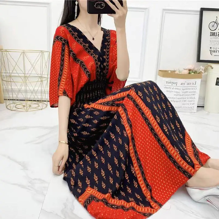 V-neck Large Skirt Hem Casual Sweet Long Dress Bat Sleeves Elastic Waist Bohemian Print Floral Elegant .