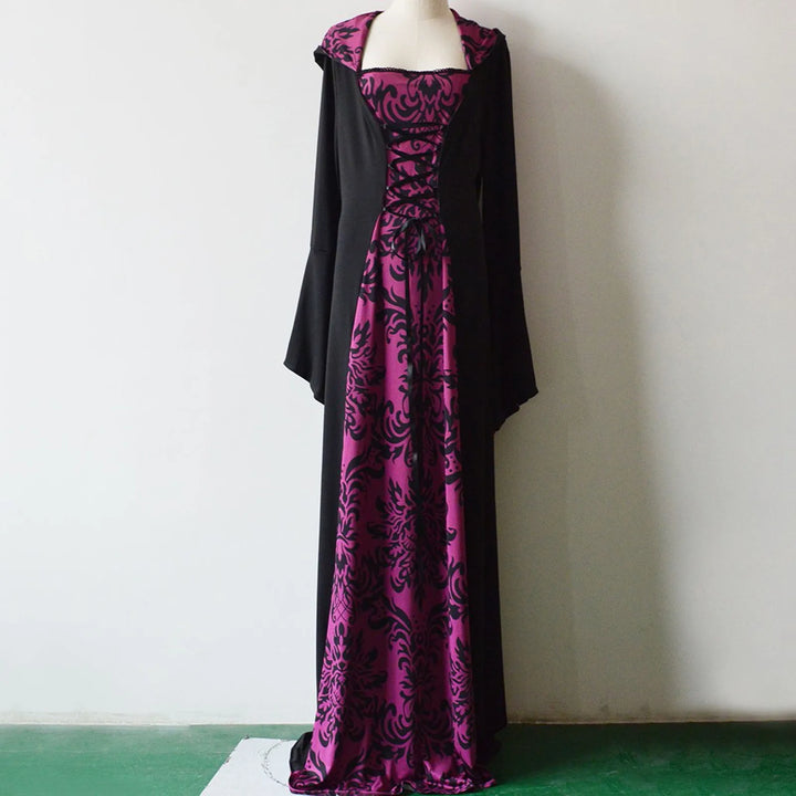Halloween Hooded Dress Medieval Vintage Goth Stage Party Dress With Flared Sleeves Cosplay Costume Women Long Gown Dresses