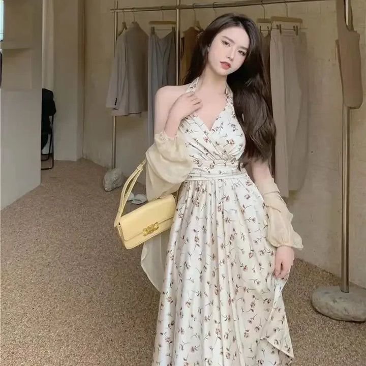 New Gentle Wind Fragmented Flower V-Neck Sling Dress Set Waist Wrap Neck Hanging Long Dress Thin Protection Cardigan