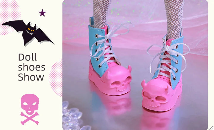 Halloween BJD Shoes for 1/4 Minifee Activeline BJD Doll High Boots Black Pink Horn Skeleton Shoes for BJD Accessories WX4-318