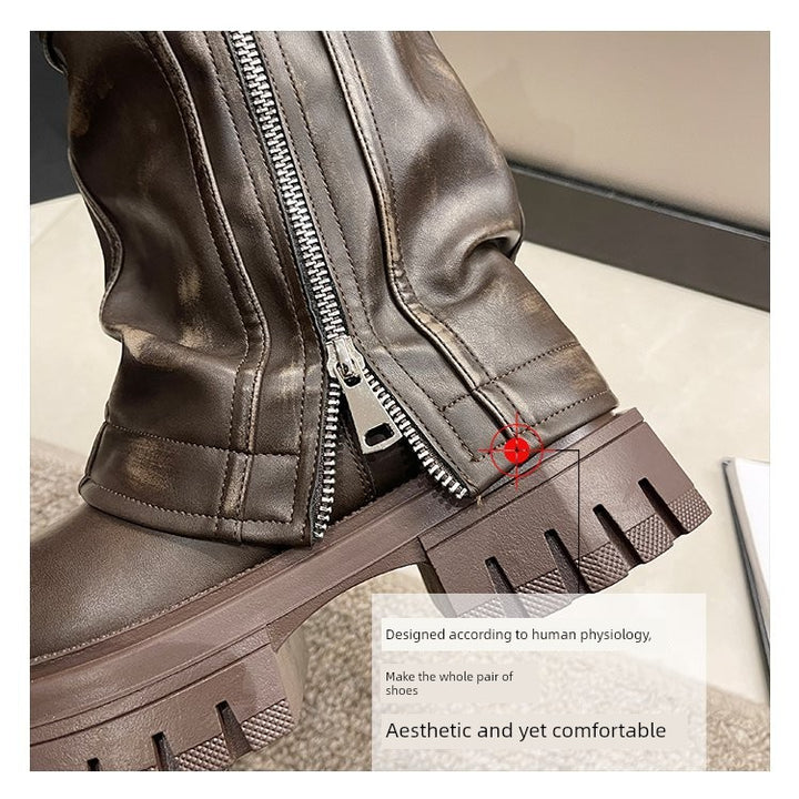 European Goods Fashion Square Toe Maillard Western Denim Sexy Style Platform Martin Boots Motorcycle Boots Pile Style Boots Women's Shoes