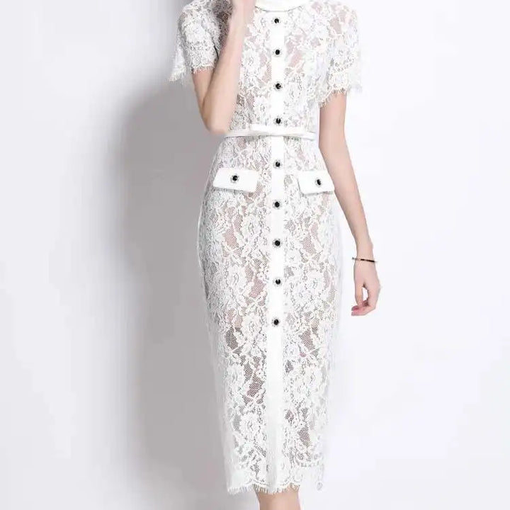 Luxury Crystal White Lace Embroidery Pencil Dress Elegant Short Sleeve Single Breasted Midi Dress.