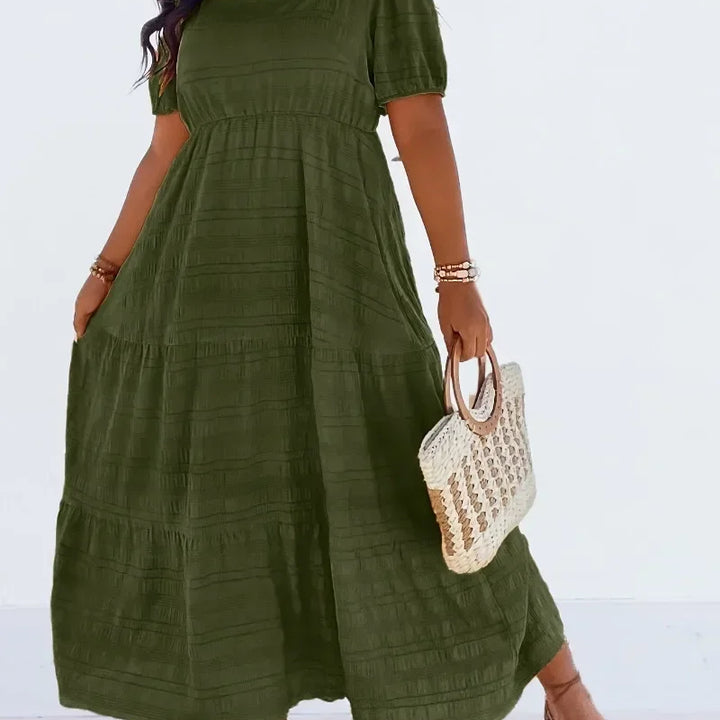 Plus Size 1XL-5XL Women's Fashionable Square Neck Solid Color Dress Ladies Casual A-line Skirt Short Sleeved Long Dress