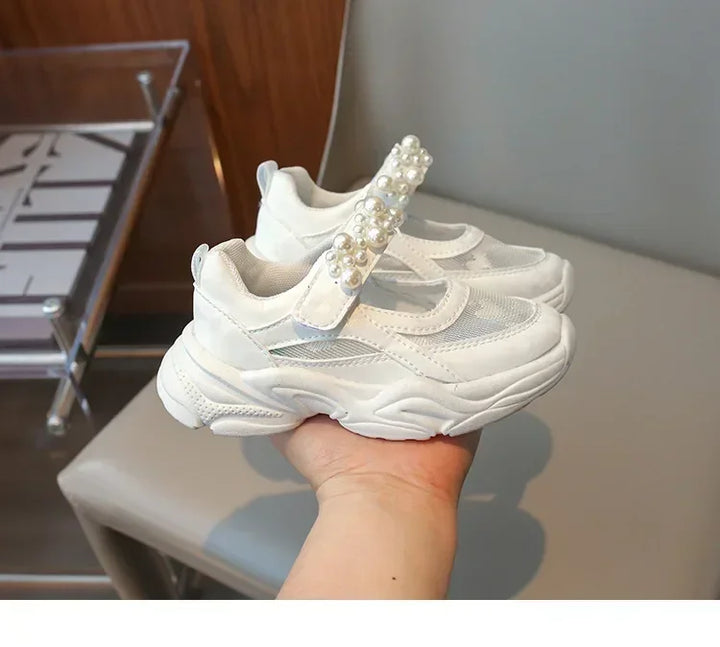 Children's Sneakers New Mesh Sports Shoes Spring Autumn Girls Fashion Shallow Breathable Pearl Tennis Kids Causal Flats