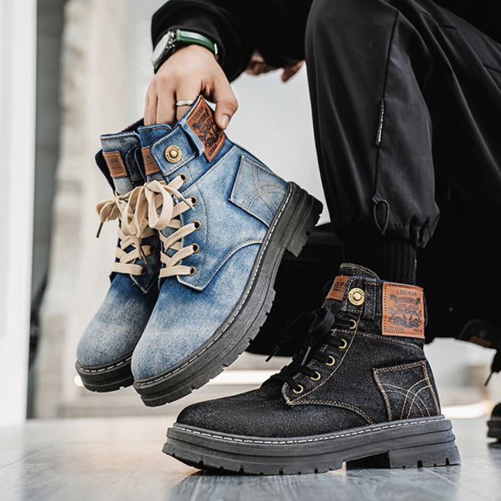 Retro Men's Platform Denim Boots High Quality Men Tooling Boots Fashion Trend Denim Versatile Casual Shoes High Top Working Shoe