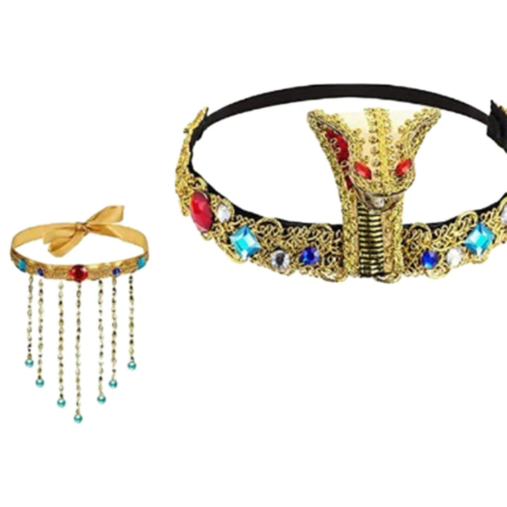 Halloween Egyptian Costume Accessories Egyptian Cobras Headpiece Beaded Tassels Necklace Decoration for Dressing Party