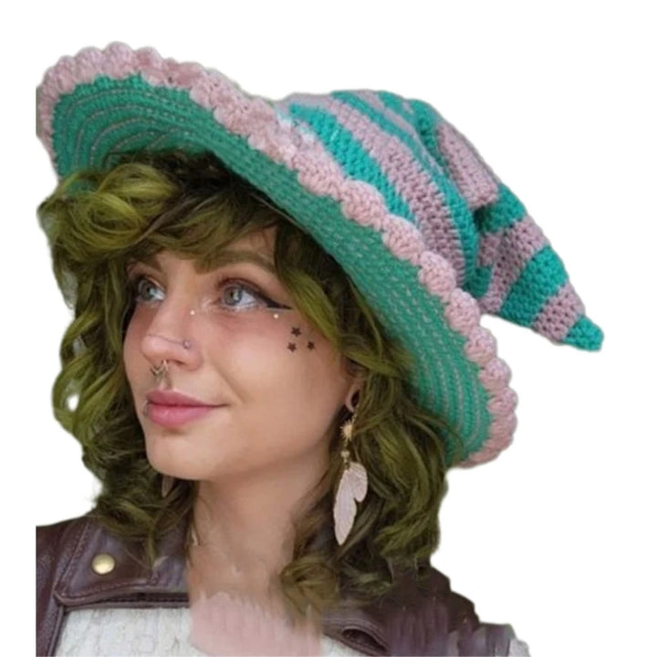 1PC Halloween Party Crocheted Witch Hats Party Wide Brim Pointed Hat Accessory Funny Cosplay Witch Hat with Stripes Photo Prop