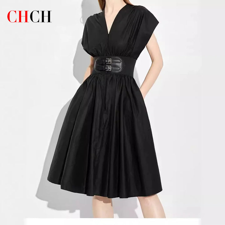 Women's Long Dress  New V-neck Sleeveless High Waist Slim Black.