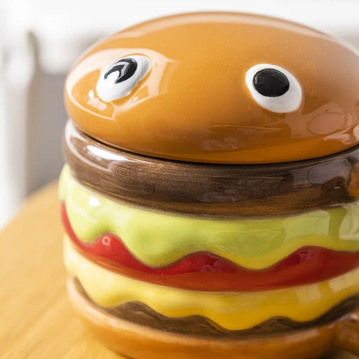 300ML Coffee Mugs Creative Hamburger Shaped Water Cup with Lid Cute and Cute Breakfast Cup Large Capacity Ceramic Hamburger Mug
