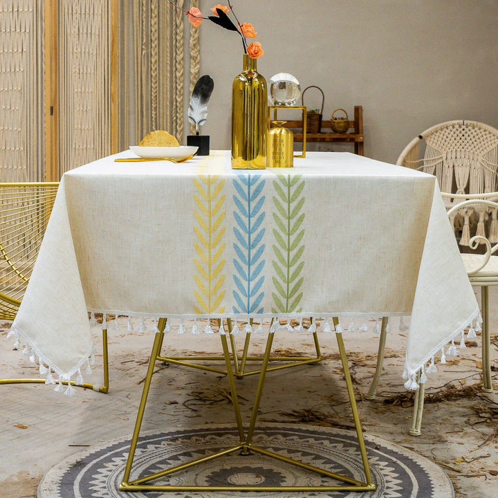 orthern European simple tassel cotton linen table cloth embroidery flower leaves party American decorative dust table cloth