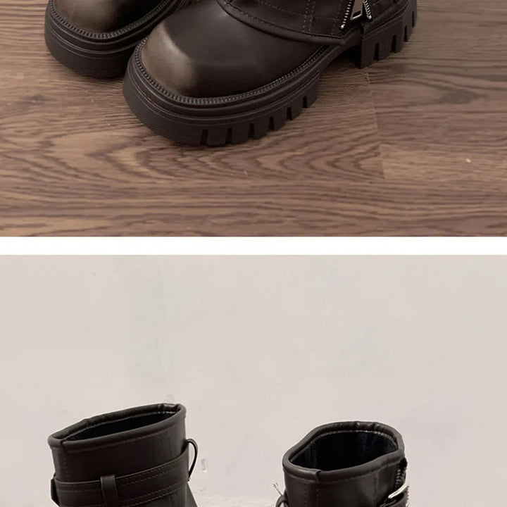 Winter Women Biker Boots Fashion Belt Buckle Ladies Elegant Platform Flats Short Booties Casual Women's Knight Booties