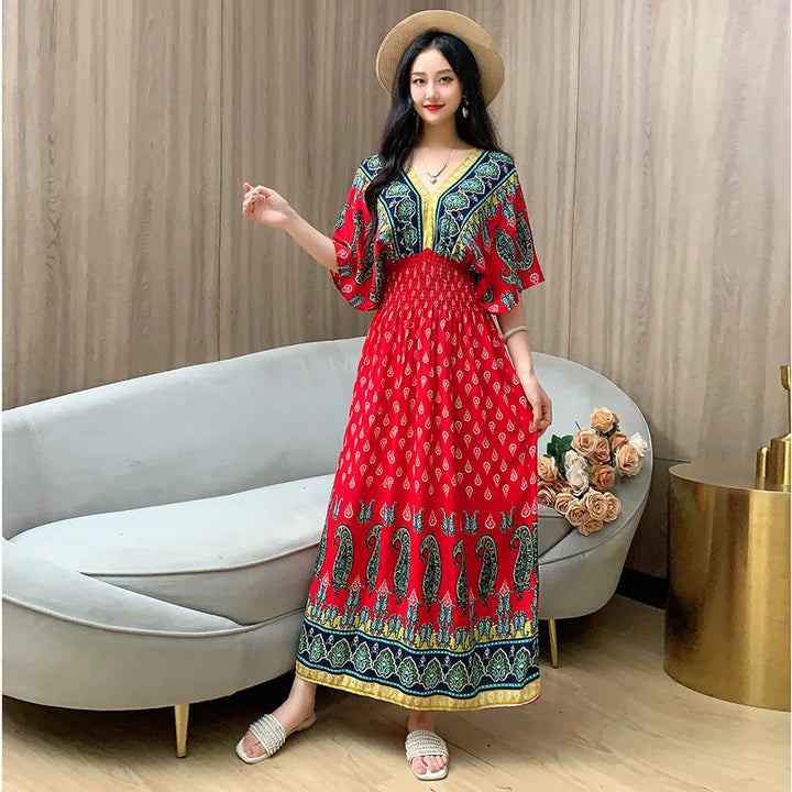 V-neck Large Skirt Hem Casual Sweet Long Dress Bat Sleeves Elastic Waist Bohemian Print Floral Elegant .