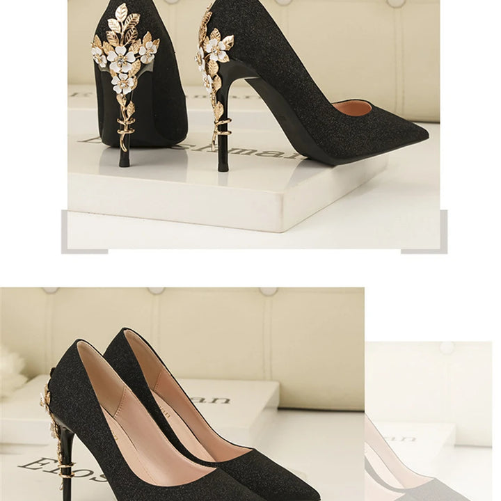 Light Luxury Sexy Women Dress Shoes 2025 Autumn Metal Flower Fashion High Heel Wedding White Pointed Sequins Shiny Female Pumps