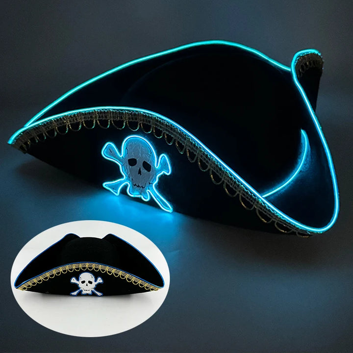 Adults Black Pirate Hats with Skull Pattern Halloween Cosplay Props Parties Caribbean Pirate Costume Hats LED Glowing Party Hat