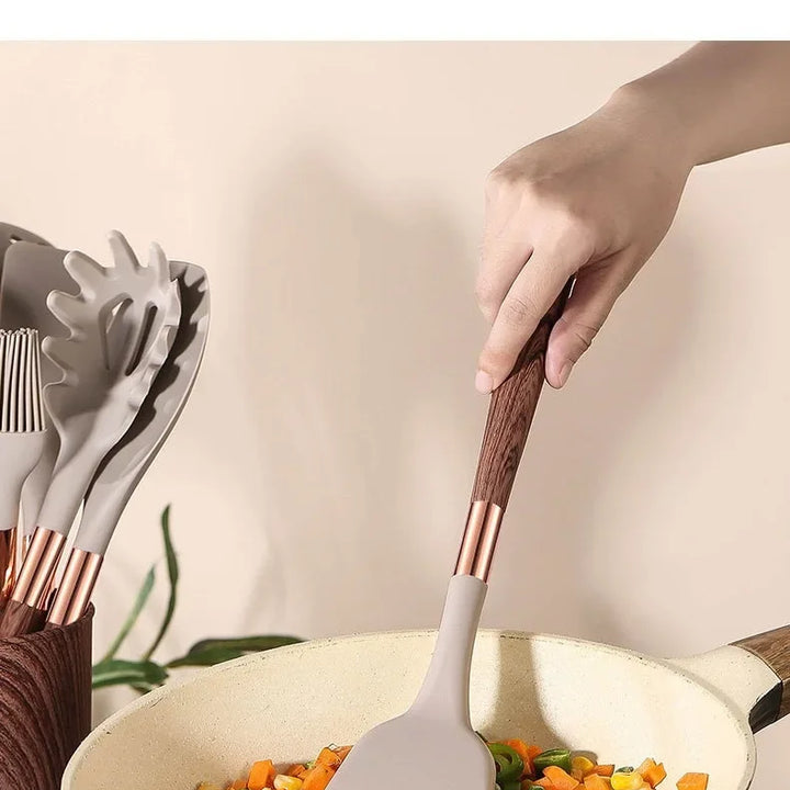 Kitchen Utensils Silicone Cooking Utensils Kitchenware, Gold-plated Wood Grain Handle, Spatula, SpoonsCooking Pots Set