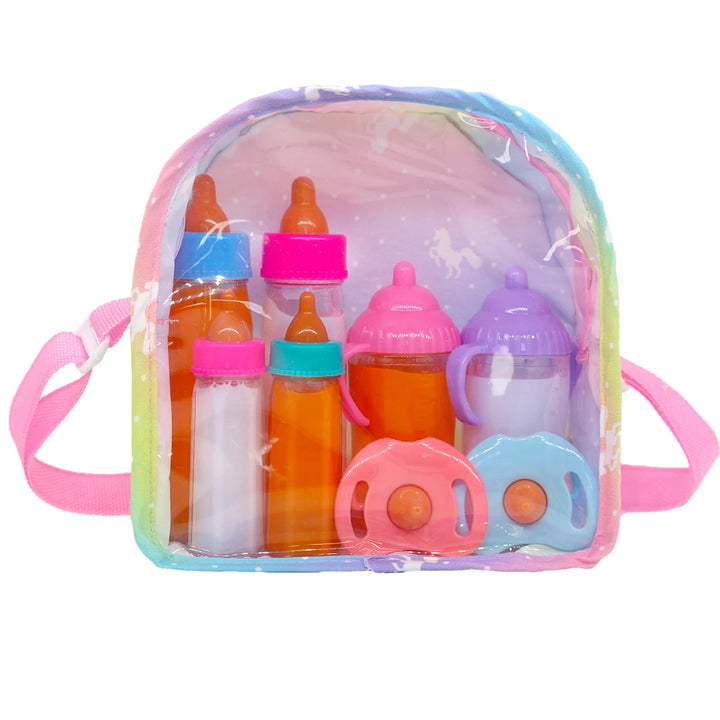 Newborn Doll Accessories Kit with Clear Display Rainbow Carrying Bag Transparent Display Window Fit 14inch Dolls Doll Travel Set