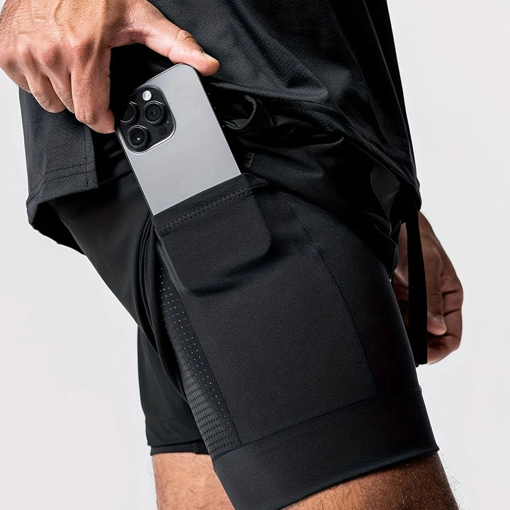 Sports shorts for men, double layered, quarter quick drying, elastic basketball, running training equipment, deep squat fitness,