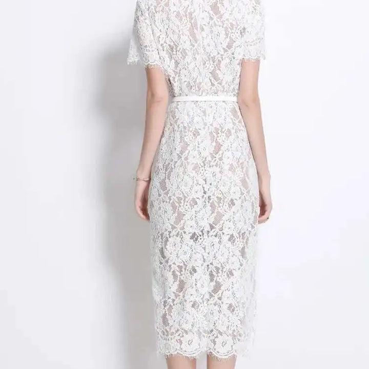 Luxury Crystal White Lace Embroidery Pencil Dress Elegant Short Sleeve Single Breasted Midi Dress.