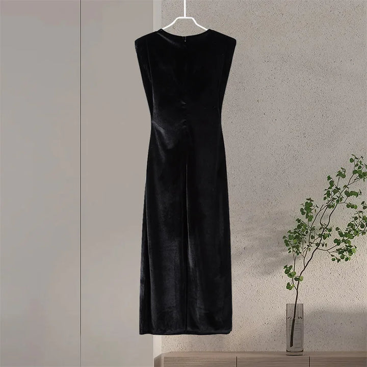 Elegant Velvet Long Dress Women V Neck Sleeveless High Waist Shoulder Pad Dress.