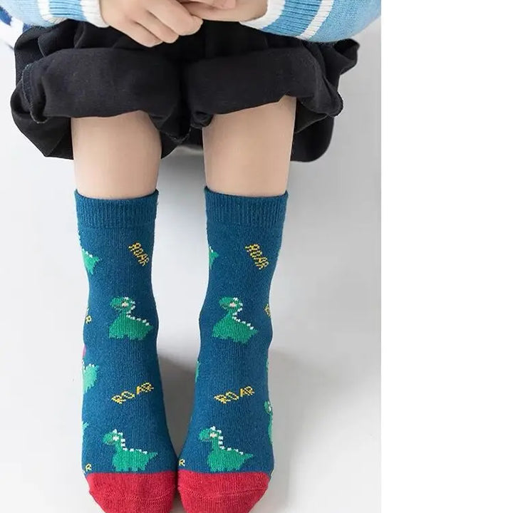 5 Pairs Autumn Winter New Style Children's Socks Mid-high Long Dinosaur Cartoon Design Boys Girls Baby Cartoon Socks Wholesale