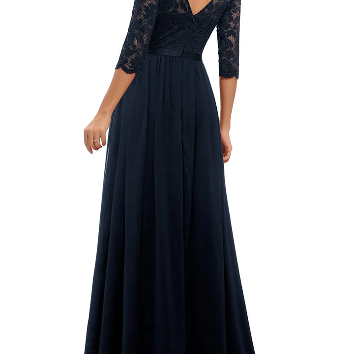 Long Dress Patchwork Lace V-neck Mid-Sleeve Backless Maxi Dress For Women
