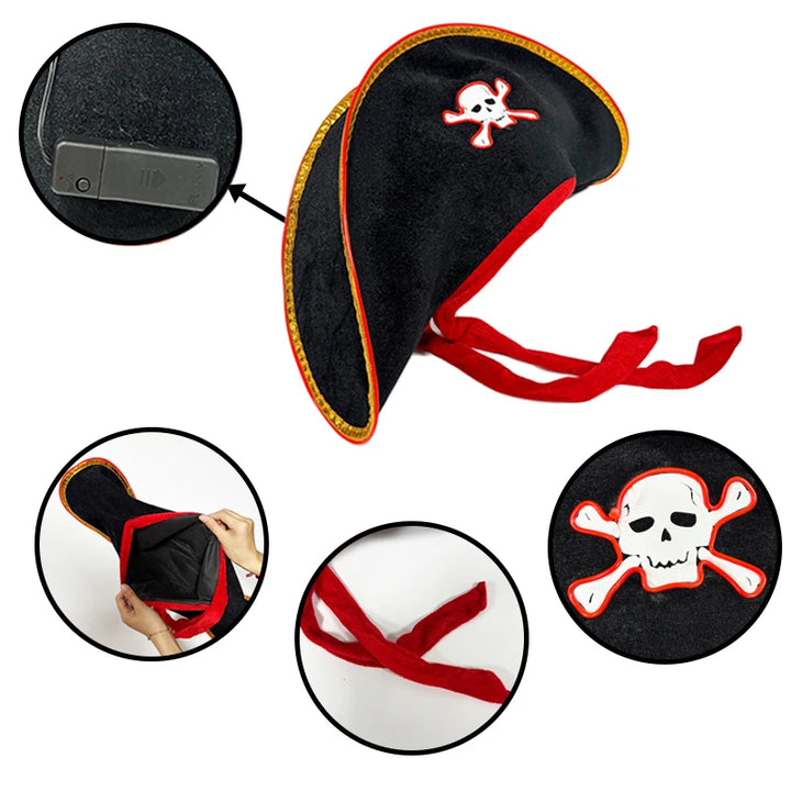 Adults Black Pirate Hats with Skull Pattern Halloween Cosplay Props Parties Caribbean Pirate Costume Hats LED Glowing Party Hat
