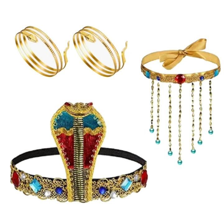 Halloween Egyptian Costume Accessories Egyptian Cobras Headpiece Beaded Tassels Necklace Decoration for Dressing Party