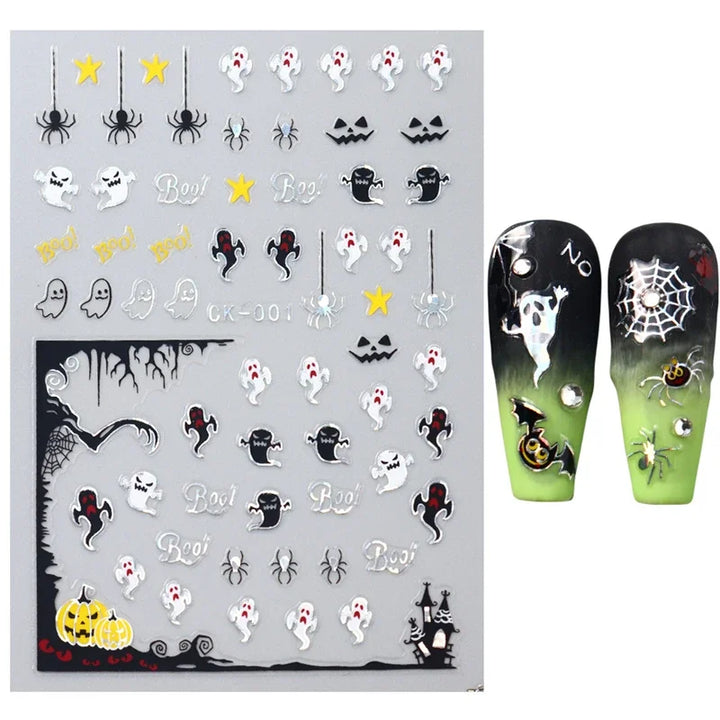 Halloween Nail Art Stickers Cute Halloween Nail Decals Self-Adhesive Ghost Pumpkin Bat Cat Skull Holiday Designs Nail Supplies