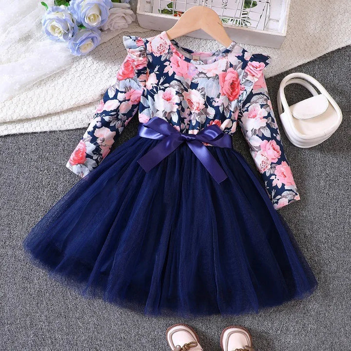 Casual Dresses for  Girls. New Spring and Autumn Fly Sleeve Long Sleeve Printed Mesh Dresses