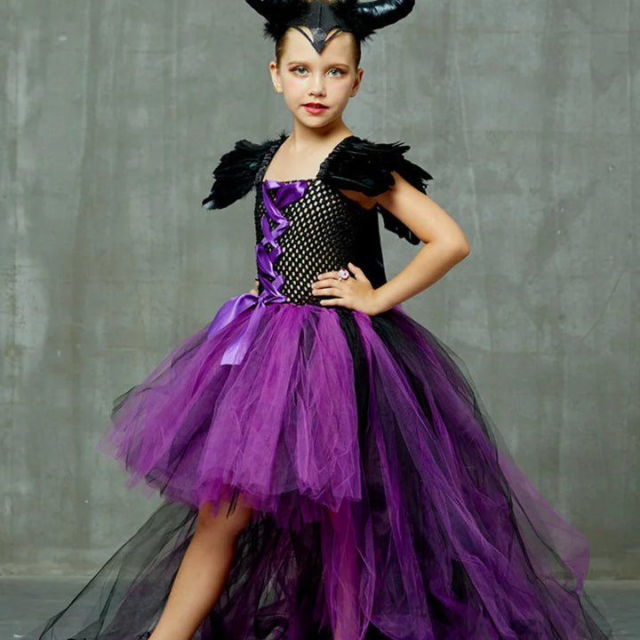 Halloween Children Costume Tulle Dress Girls Cosplay Vestidos Party Evil Queen Mesh Princess Dress Kids Crow Wand
