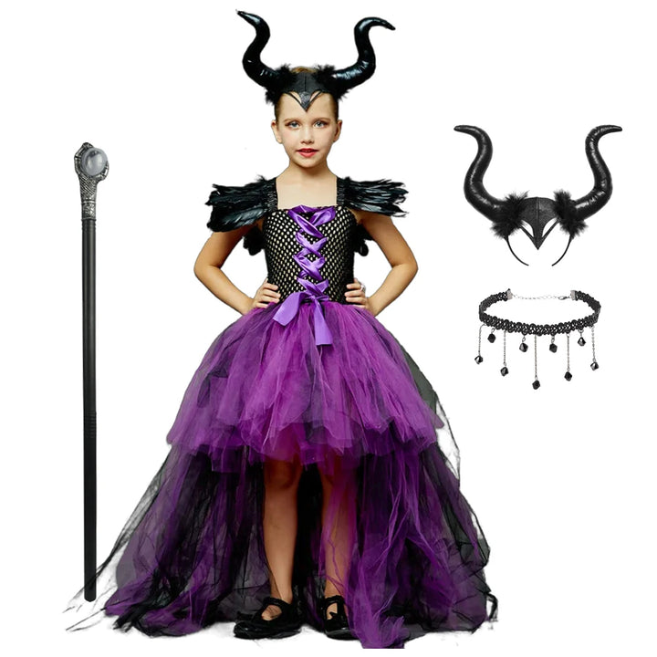 Halloween Children Costume Tulle Dress Girls Cosplay Vestidos Party Evil Queen Mesh Princess Dress Kids Crow Wand