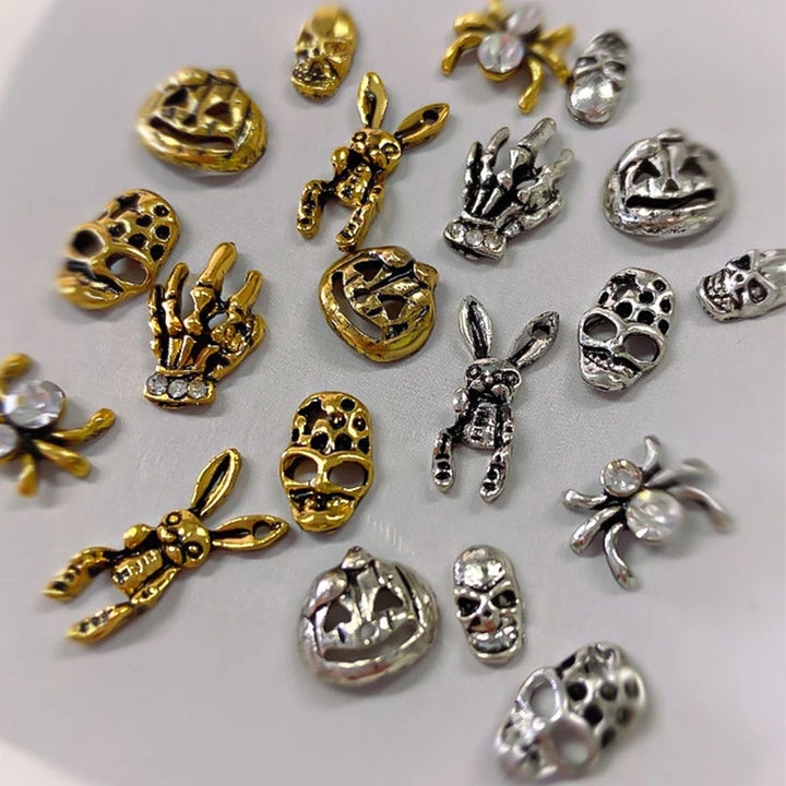Halloween Alloy Nail Art Charms 3D Ghost Skull Pumpkin Golden Silver Classic Nails Jewelry Ornaments DIY Manicure Accessories