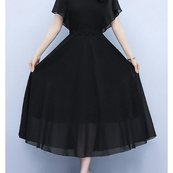 Long Elegant Dress White Chiffon /Black Butterfly Sleeve  Women Bodycon Chic Prom Night Dress