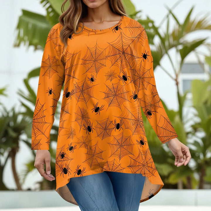 Plus Size Halloween Print T-Shirt for Women Fashion Round Neck Long Sleeve Casual Loose Pullover Top Halloween Party Costumes