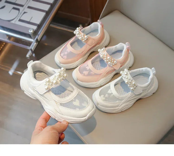 Children's Sneakers New Mesh Sports Shoes Spring Autumn Girls Fashion Shallow Breathable Pearl Tennis Kids Causal Flats