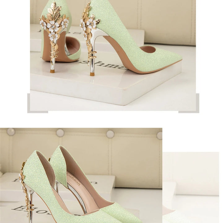 Light Luxury Sexy Women Dress Shoes 2025 Autumn Metal Flower Fashion High Heel Wedding White Pointed Sequins Shiny Female Pumps