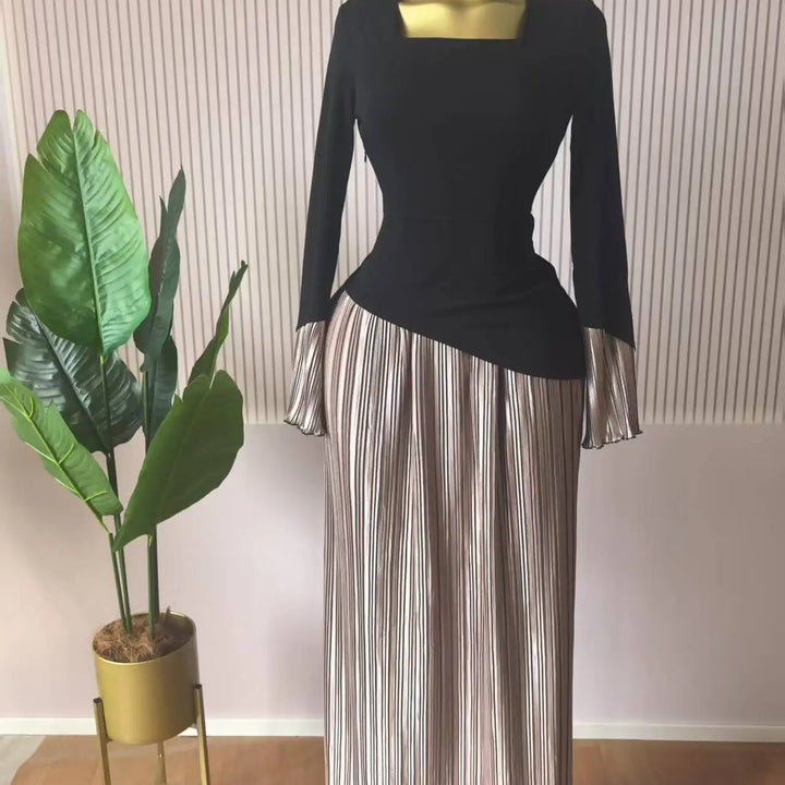 Women Patchwork Flare Long Sleeve U-collar Pleated Big Swing Maxi Long Dress perfect for special occasions.