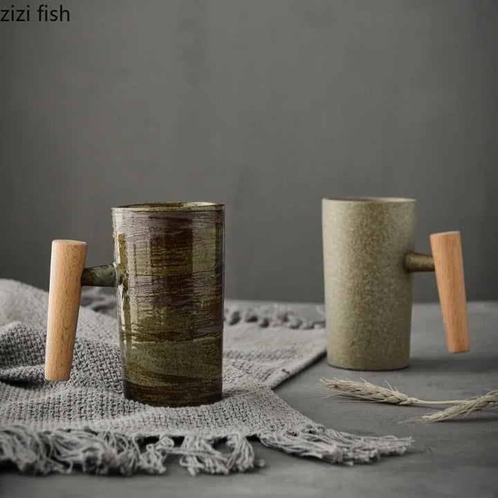Ceramic Mug with Wooden Handle Coffee Cup Oatmeal Breakfast Cups Couple Water Cups Milk Mug Milk Tea Cup Juice Glasses Tea Mugs