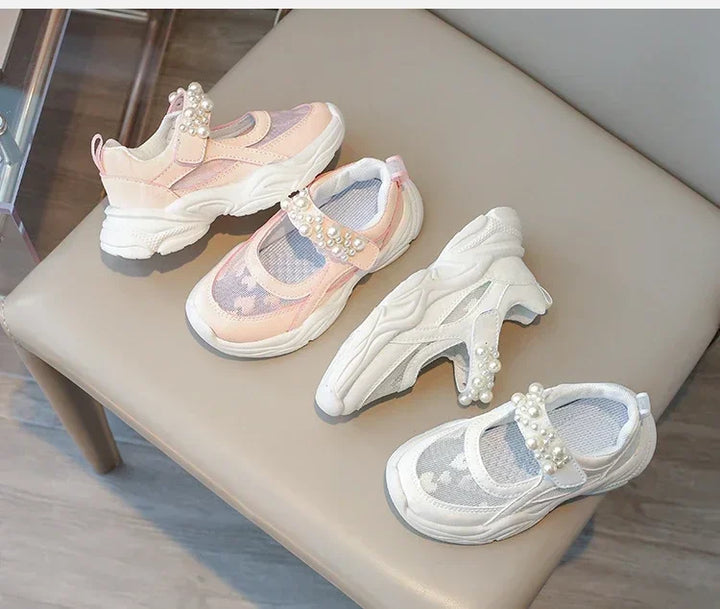 Children's Sneakers New Mesh Sports Shoes Spring Autumn Girls Fashion Shallow Breathable Pearl Tennis Kids Causal Flats