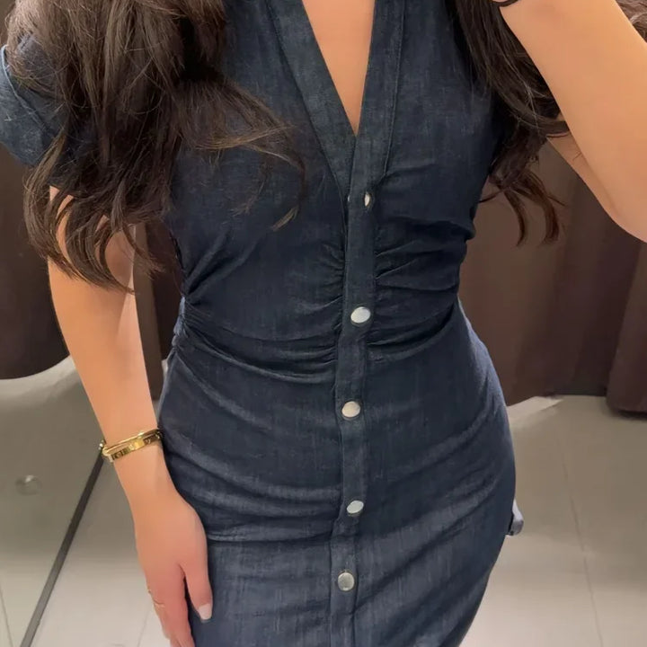V-neck Denim Dress Fashion Slim Long Dress Chic Short Sleeves Single Button High.