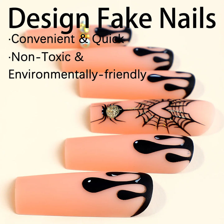 Scary Blood Skull Fake Nails Long Coffin Ballet Halloween Style False Nails 24pcs Wearable Press on Nail tips for Halloween Gift