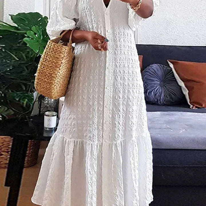 Fashion New Women's Pleated Dress V-neck Single Breasted Casual  Elegant Temperament Style Long Dress