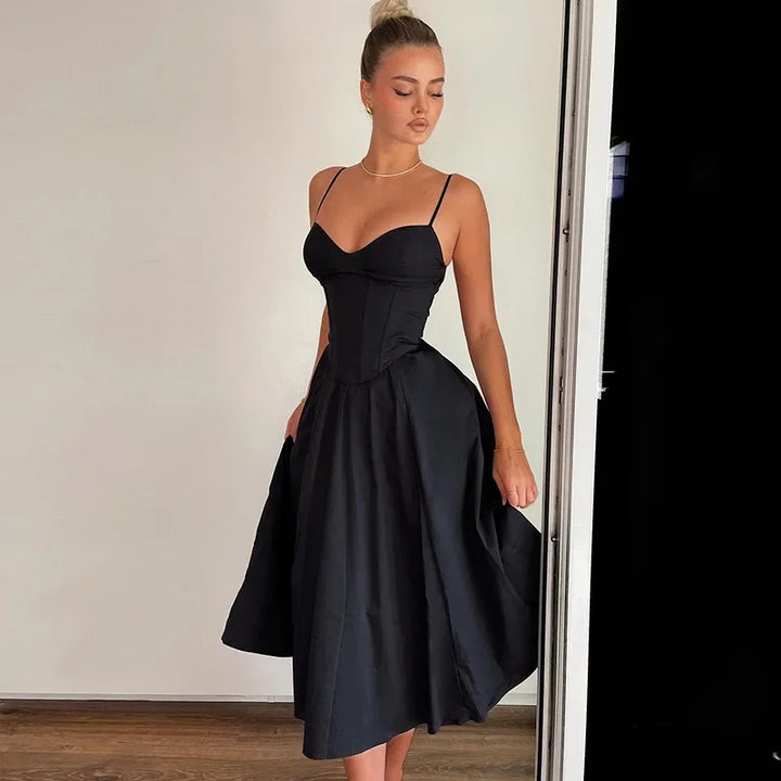 Sexy V-Neck Tank Long Dress Black Open-Back Elegant Dress Fashion French Style Cross-Border Design