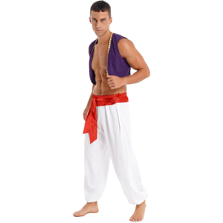 Mens Halloween Costume Mythical Arabian Prince Carnival Cosplay Party Outfit Sequin Trim Waistcoat with Belted Pants