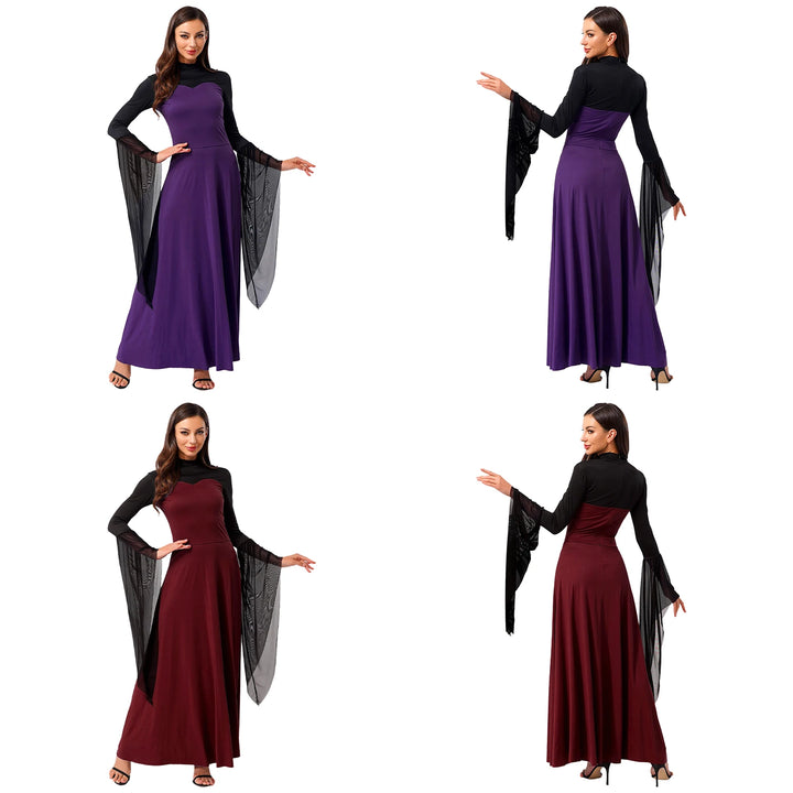 Halloween Costume Vampire Witch Cosplay Costume for Women Flared Mesh Cuffs Medieval Witch Maxi Dresses Masquerade Party Dress