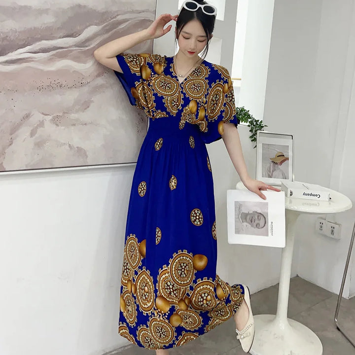 V-neck Large Skirt Hem Casual Sweet Long Dress Bat Sleeves Elastic Waist Bohemian Print Floral Elegant .