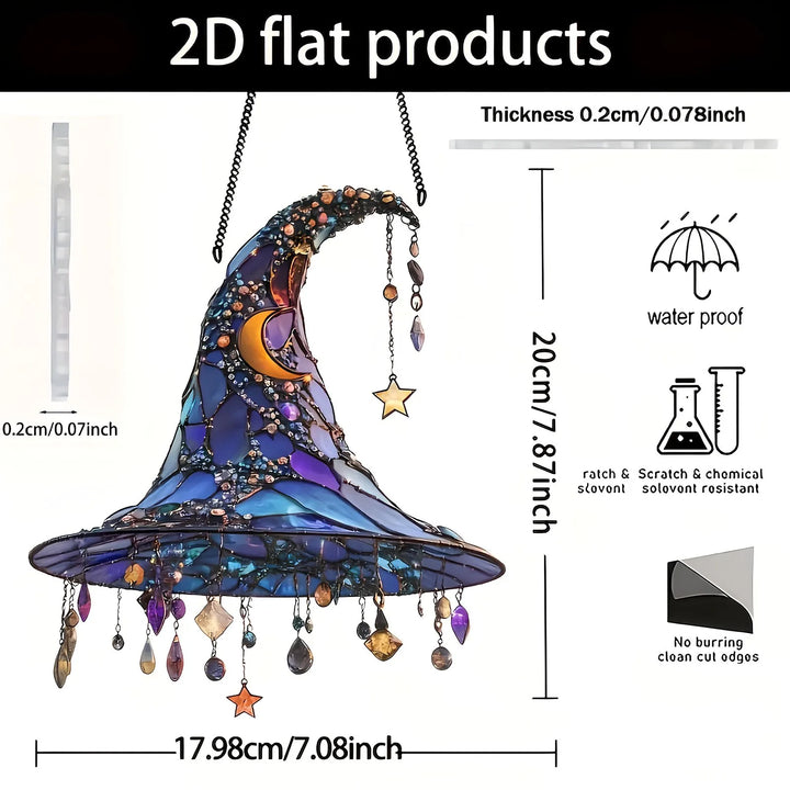 ‌Halloween Witch Hat Ornament Blue Acrylic Hanging Decor Glow in the Dark Party Supplies Moon Star Charm Spooky Home Decoration