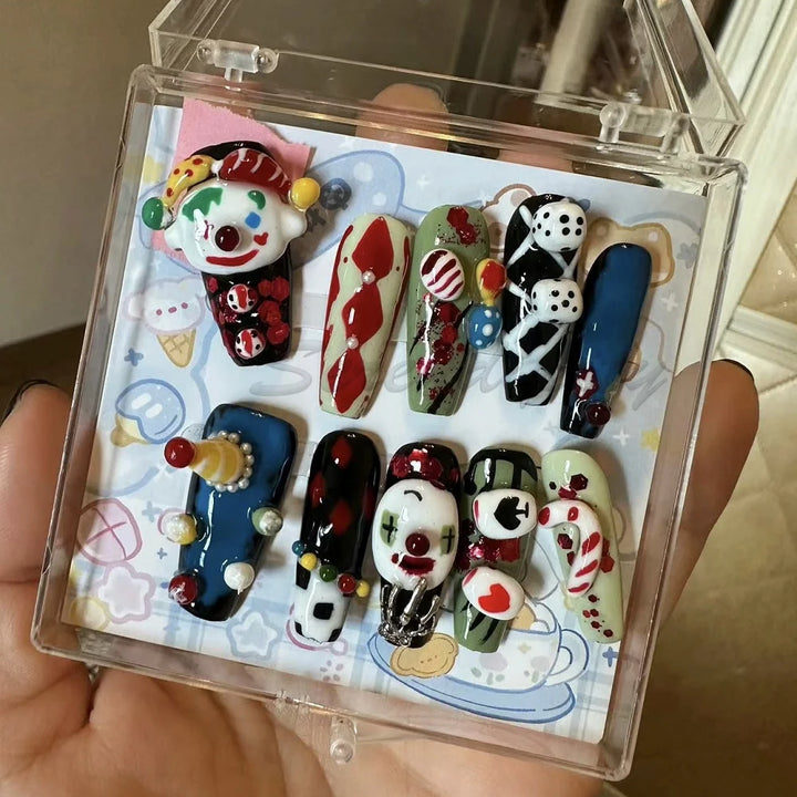 High-Quality Handmade 3D Art Press On Nails Halloween Theme Horror Clown Coffin Shape Spicy Girl Style Detachable Wear Fake Nail