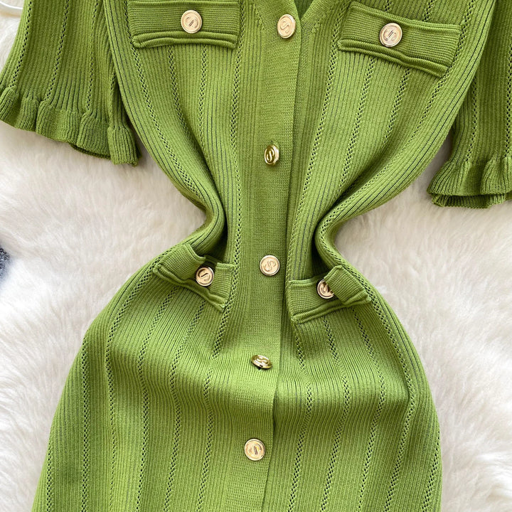 Vintage Single Breasted Women's Knitted Long Dress High Waist Short Sleeve Ruffles Straight Dress